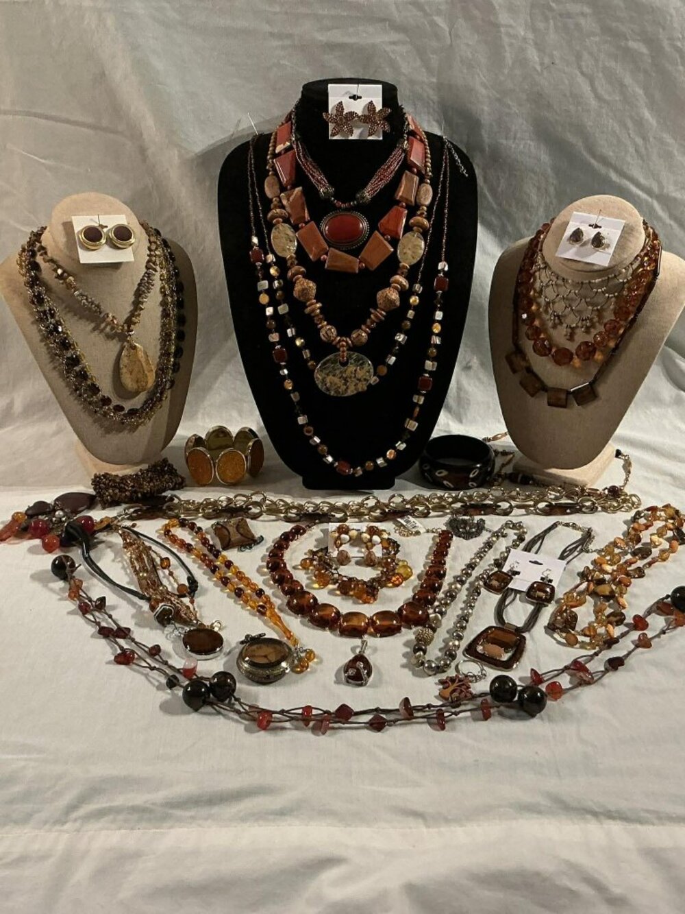 Boho Earth Tone Statement Jewelry Lot | Amber Brown Beaded Necklaces, Earrings